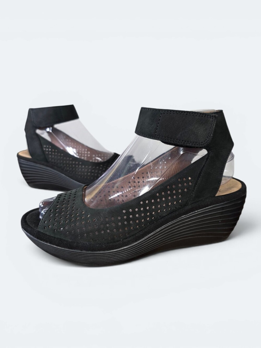Clarks Reedly Salene Black Nubuck Leather Wedge Sandals Size 6.5